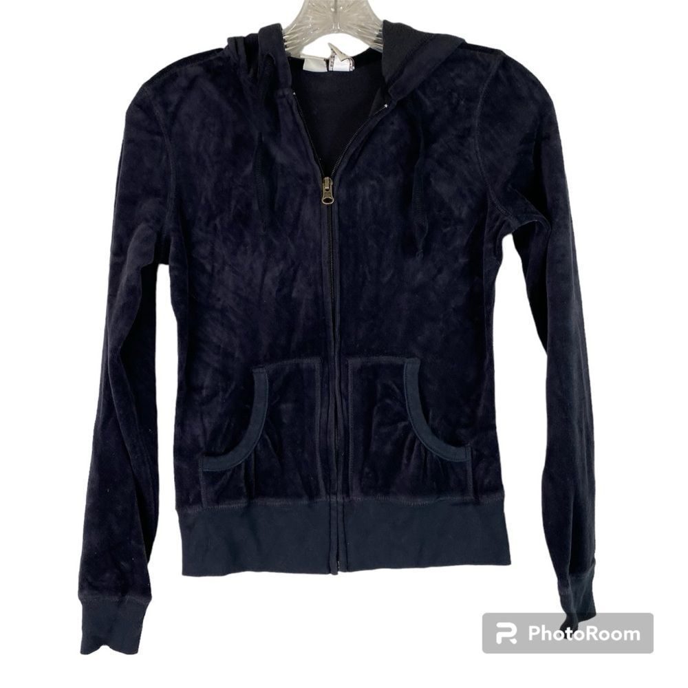 SO Black Velvet Velour Zip Up Track Suit Hoodie Pockets Small Y2K